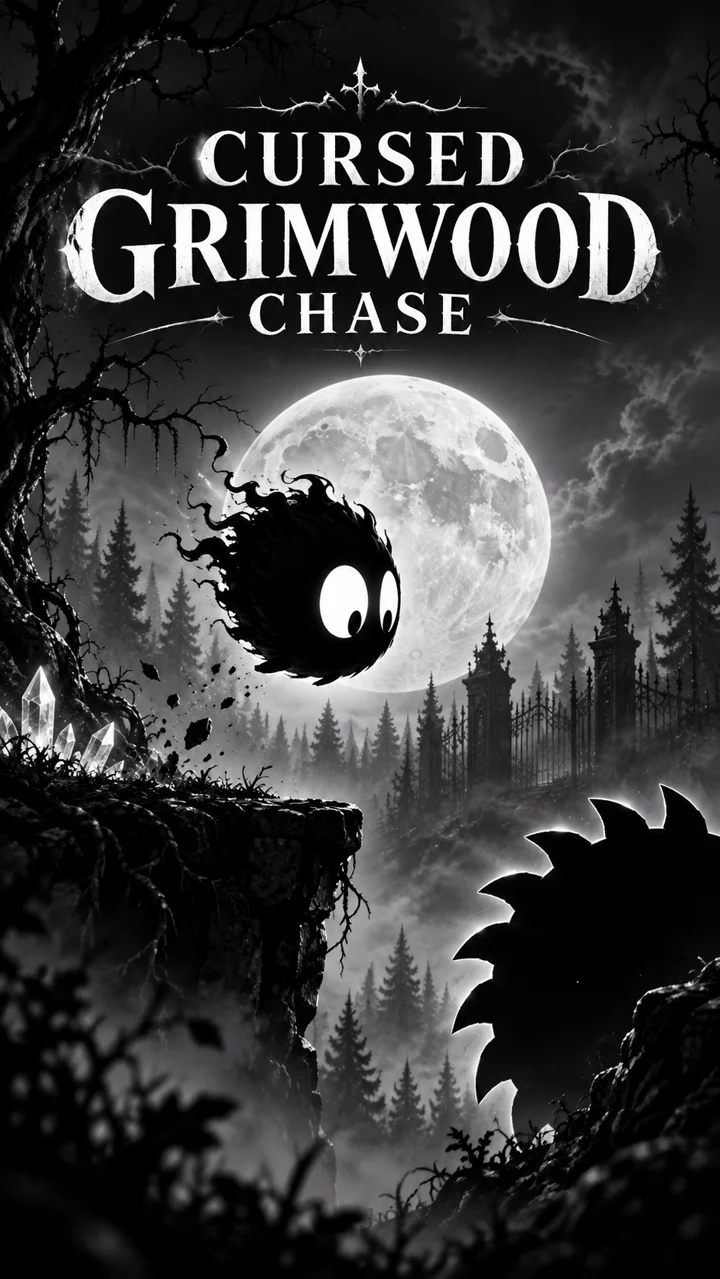Cursed Grimwood Chase artwork: a shadow creature above a forest under the moon